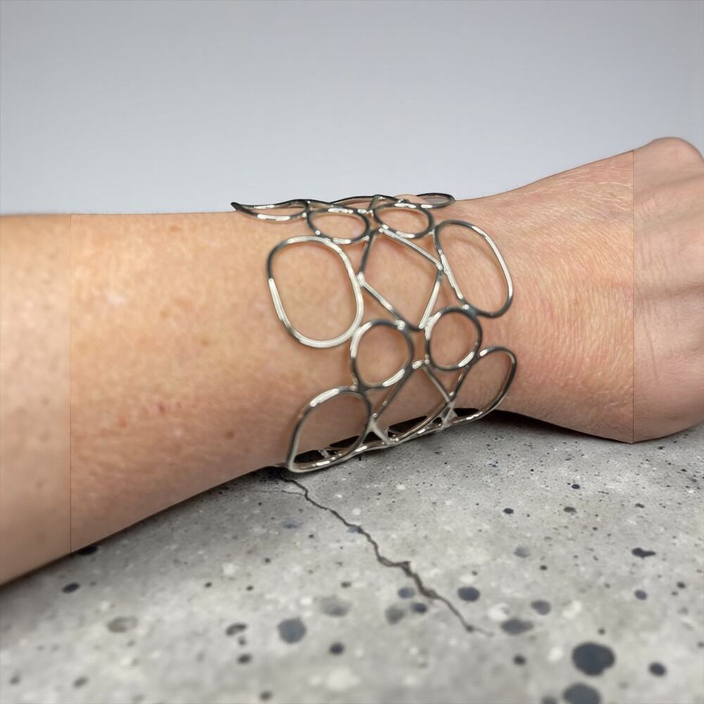 Silver Tone Geometric Open Cuff Bracelet Wide Abstract Modern Lightweight